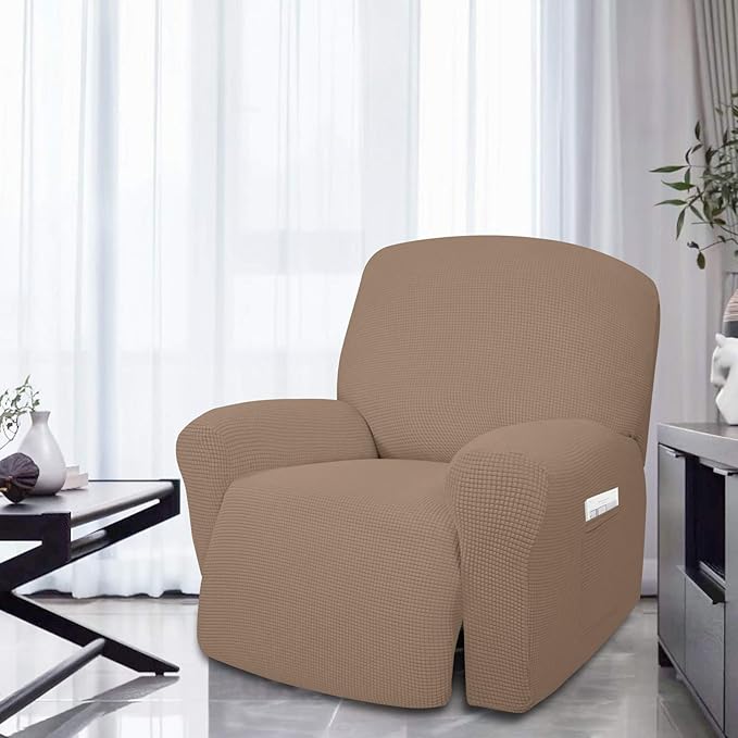 Easy-Going 4 Pieces Oversized Recliner Stretch Sofa Slipcover Sofa Cover Furniture Protector Couch Soft with Elastic Bottom Polyester Spandex Jacquard Fabric Small Checks Camel,X-Large