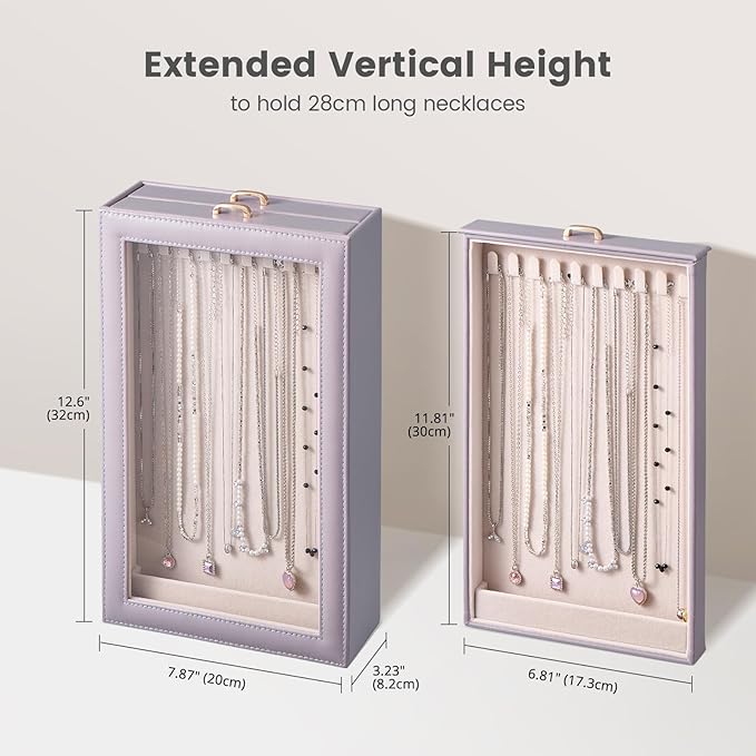 Lolalet Necklace Organizer Box, Jewelry Storage Box with Clear Window for Necklaces Bracelets, Tangle-Free Necklace Display Case for Women Girls -Dusty Purple, 2 Layers 20 Hooks