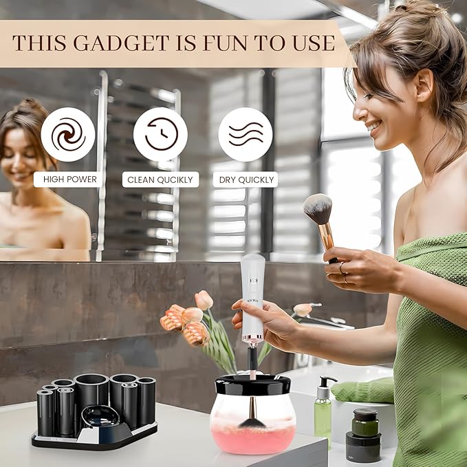 Premium Makeup Brush Cleaner Dryer Super-Fast Electric Brush Cleaner Machine Automatic Brush Cleaner Spinner Makeup Brush Tools (White)