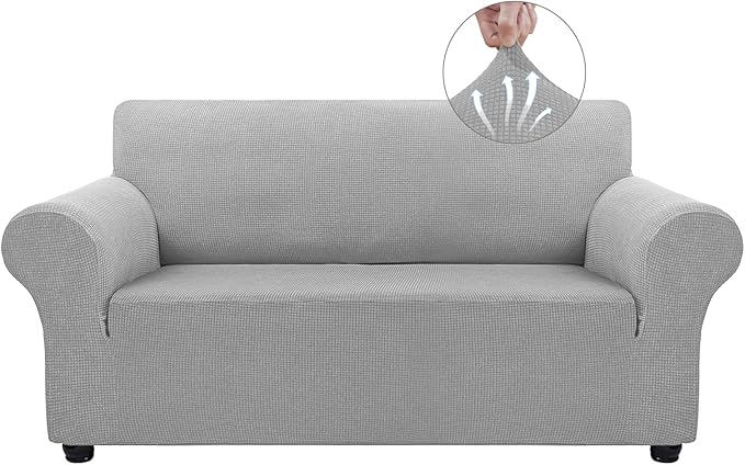 Asnomy Sofa Covers for 2 Cushion Couch Stretch loveseat Covers Slipcovers, Pet Protector Furniture Covers for Dogs Cats Spandex Jacquard Fabric Small Checks （Medium，Silver）