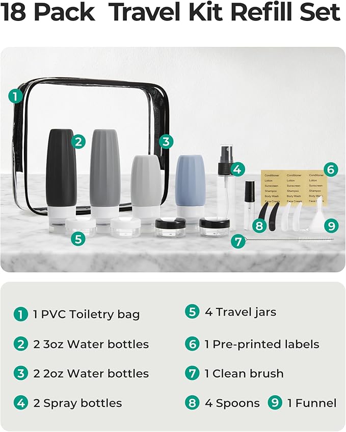 BAGSMART 18 Pack TSA Approved Travel Bottles for Toiletries, Leak Proof Silicone Travel Size Containers Bottles for Shampoo, Grey