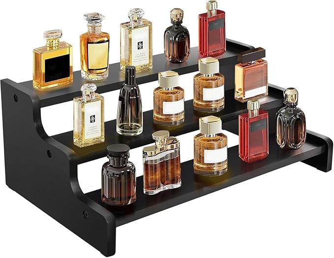 Wooden Cologne Organizer for Men, Perfume Organizer Stand, Cologne Stand with Anti-Slip Washers, Wooden Display Risers Stand for Dessert, Cupcake, Display Shelf Riser Stand for Decoration Makeup Black, 3-tier-13.8in