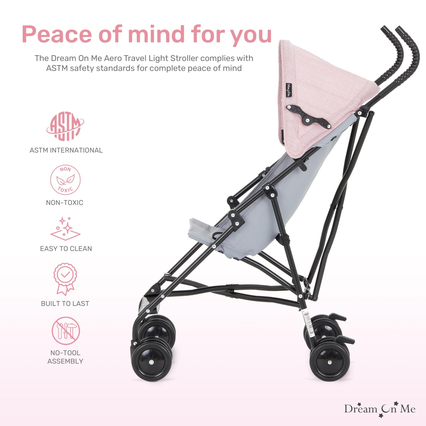 Dream On Me Aero Travel Umbrella Stroller, One-Hand Quick Fold, 3-Point Safety Harness, Dual Brakes, Adjustable Removable Canopy, Lightweight Compact & Space-Saving for Infants and Toddlers – Pink
