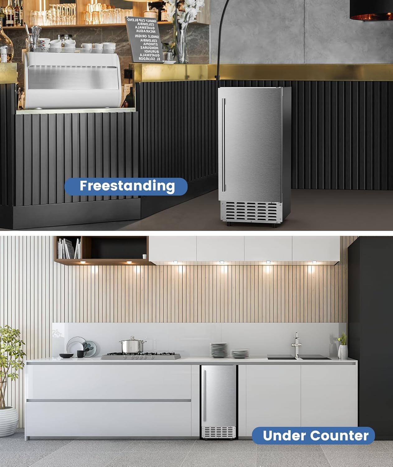 Undercounter Nugget Ice Maker,Commercial Nugget Ice Machine,66 lbs/Day,Built-in or Freestanding‌ with ‌Self-Cleaning‌,24-Hour Timer‌,Stainless Steel Ice Maker for ‌Bars, Cafes, Businesses‌
