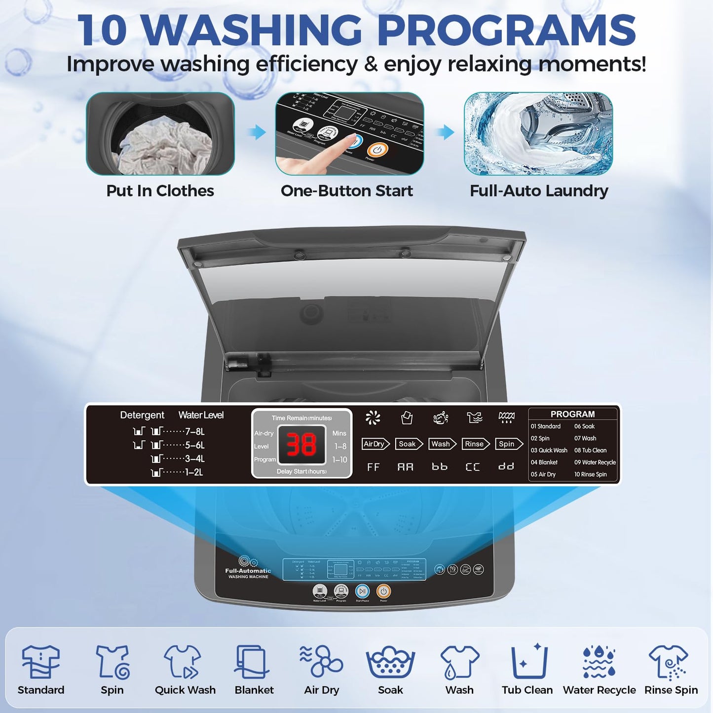 Nictemaw Portable Washing Machine 20Lbs Portable Washer Machine with Drain Pump, 2.8 Cu.ft Compact Washer with 10 Programs 8 Water Levels Small Washing Machine for Apartment, Home, Dorms, Rv