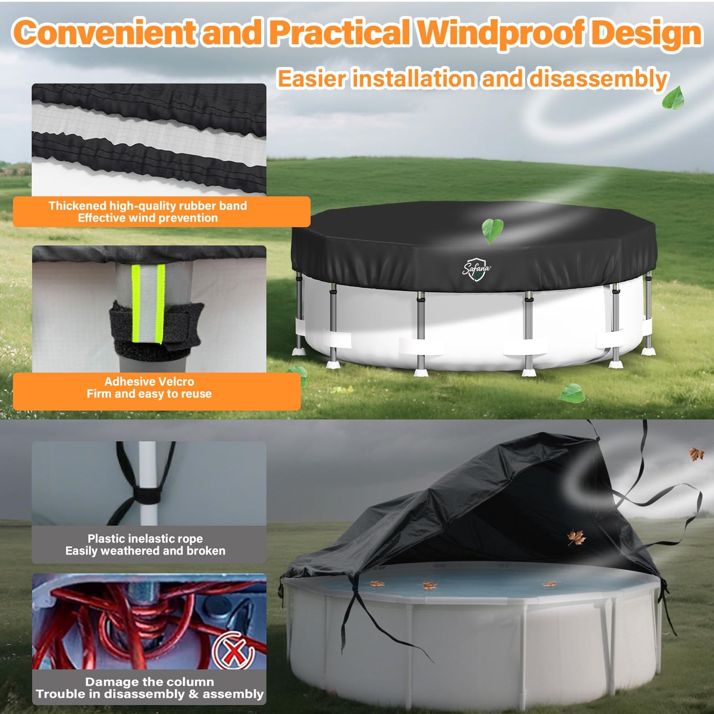 SAFANA 16FT Round Pool Covers for Above Ground Pools, Round Swimming Pool Cover [Upgrade 420D Thicker] Protective Leaf Cover with Reflective Strip, Tear Resistant Durability, UV Resistance, Black