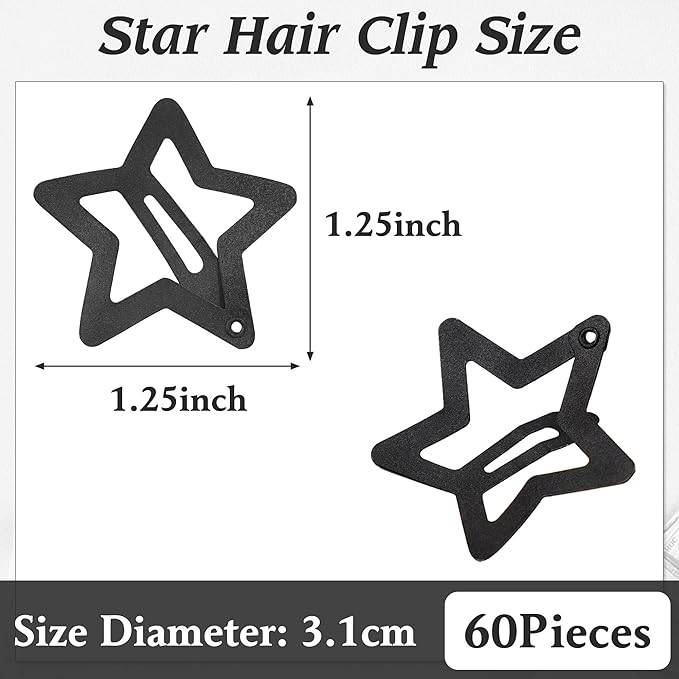 60Pcs Star Hair Clips for Baby Girl Women, Y2K Hair Snap Clips Metal Hair Barrette Hair Accessories for Women Girl, Non-slip Lovely Black Clips