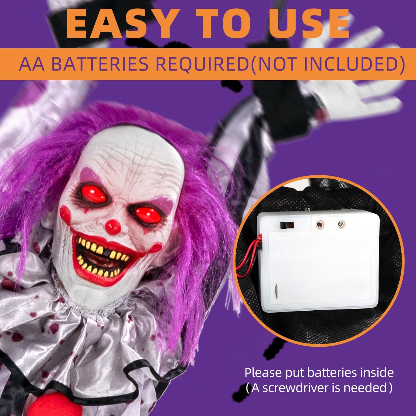 Kendane Halloween Decorations Outdoor and Indoor,Scary Halloween Animatronics Clown,Hanging Clown with Light-Up Eyes and Creepy Sound,Party Decorations for Yard Lawn,Haunted House Decor