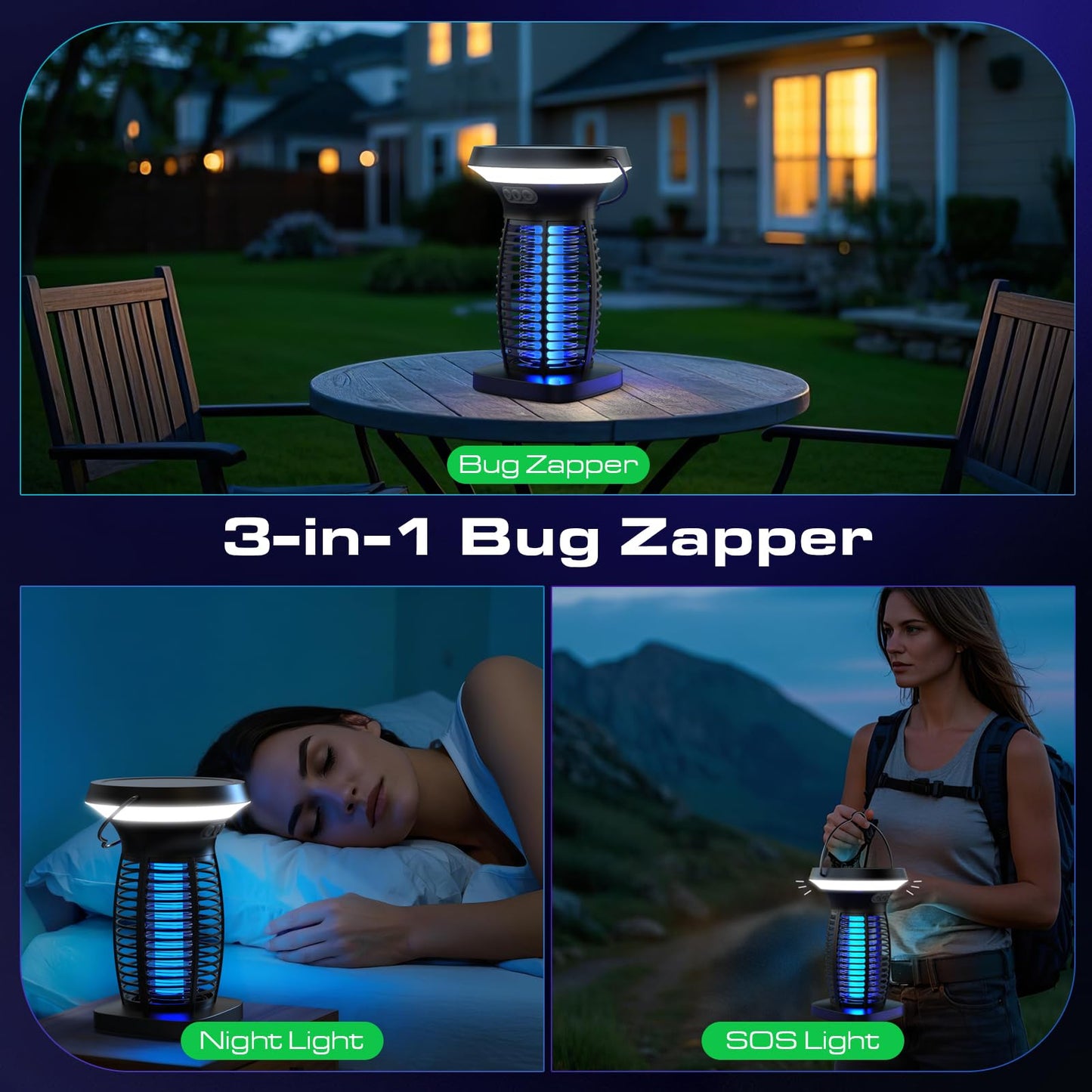 OnBeam Solar Bug Zapper Outdoor, Mosquito Zapper Outdoor Waterproof Electric Rechargeable Fly Zapper with Solar Panel, 4200V Fly Trap Indoor for Home Backyard, Patio, Garden, Camping