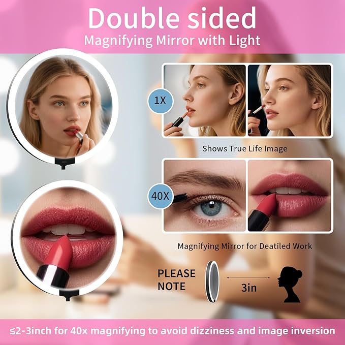 Magnifying Mirror with Light 40X/1X, Double Sided Travel Makeup Mirror with Lights and Magnification, 3 Colors Dimming Lighting, Rechargeable Large Size of 6inch, Foldable Design, 360°Angle Adjustable