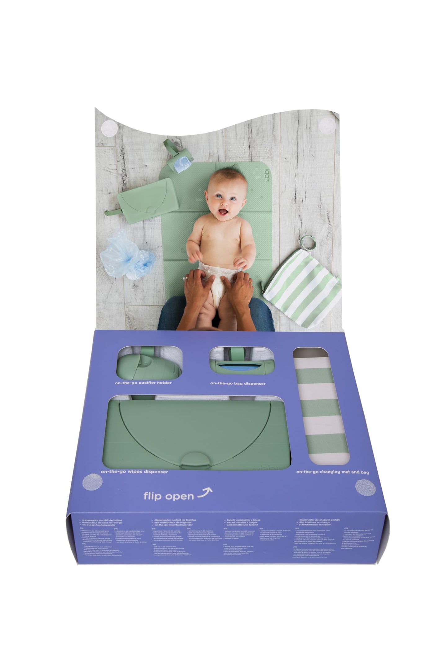 Ubbi On-the-Go Diapering Gift Set, Includes Changing Mat and Bag, Wipes Dispenser, Pacifier Holder and Bag Dispenser, Newborn Essentials, Sage