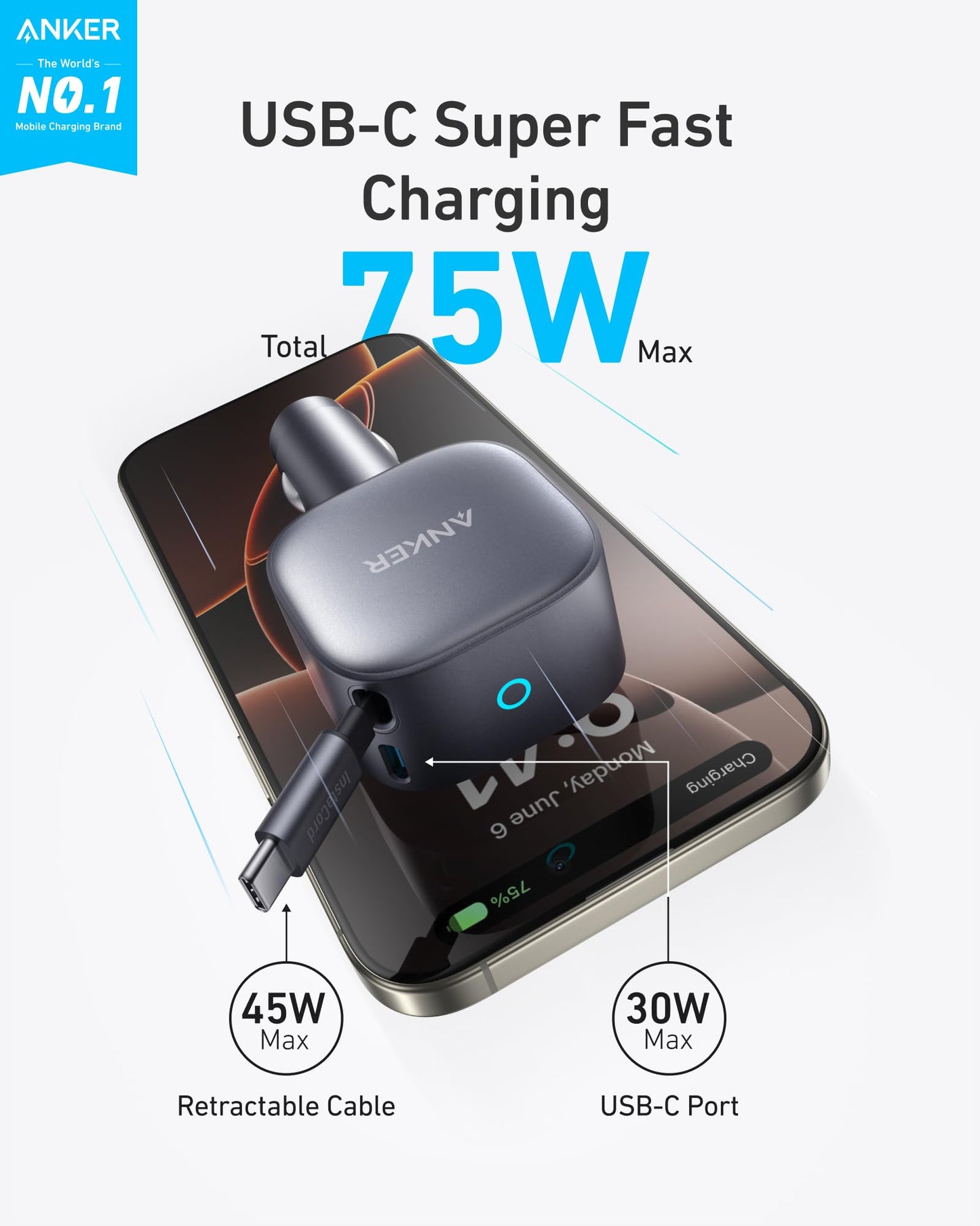 Anker USB-C Car Charger, 75W Max Ultra-Compact Type-C Fast Car Charger with Built-in Retractable Cable Car Adapter for iPhone 15/14 Series, Samsung S24/S23, MacBookPro/Air, iPad, and More