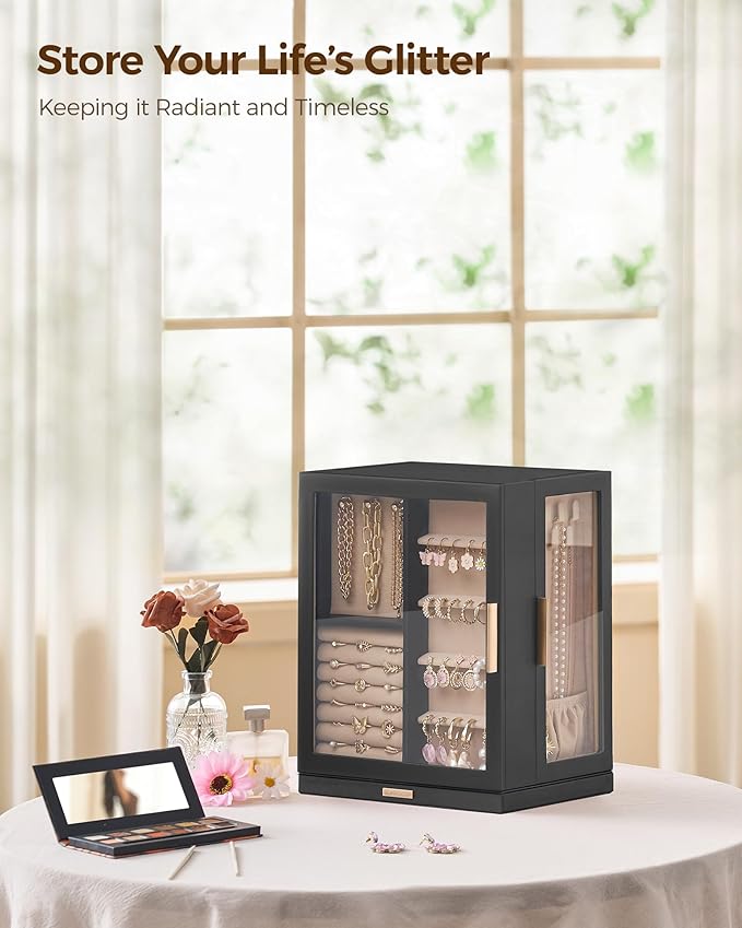 Glimmloop 360ÃÂ° Rotating Jewelry Box with 5 Drawers, Spacious Vertical Jewelry Organizer with Glass Window, Jewelry Storage Case, Dustproof & Moisture-resistant Design, Black
