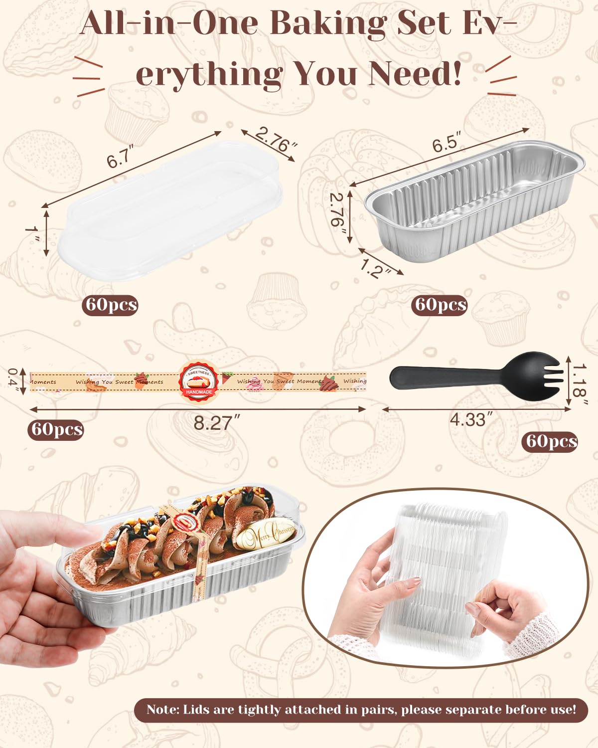 YQER 100 Pack Mini Loaf Pans with Lids, Spoons & Stickers – Disposable Aluminum Foil Baking Cake Containers for Oven, Air Fryer & Freezer – Ideal for Cakes, Bread, Pudding, Parties & Gifting, Sliver