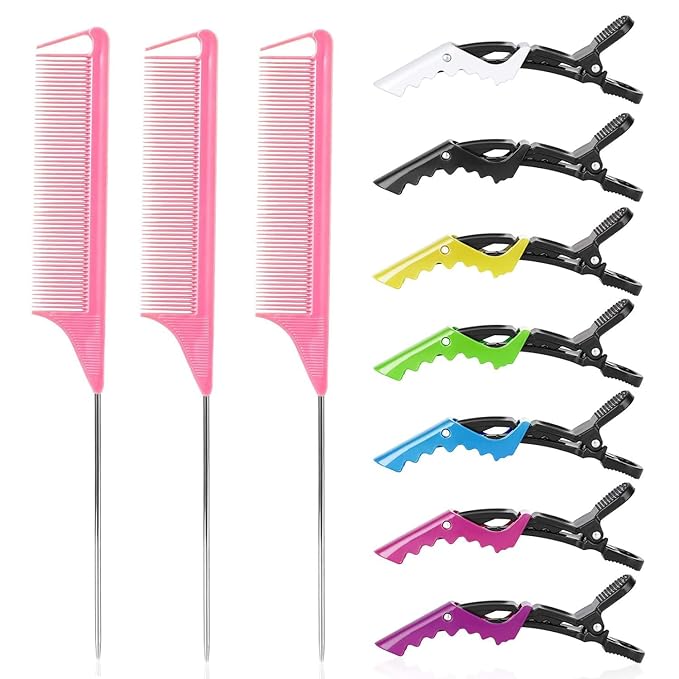 Rat Tail Comb Hair Clips Set: 3Pcs Rat Tail Combs, Hair Styling Combs for Women and 7 Professional Sectioning Hair Clips (Pink)