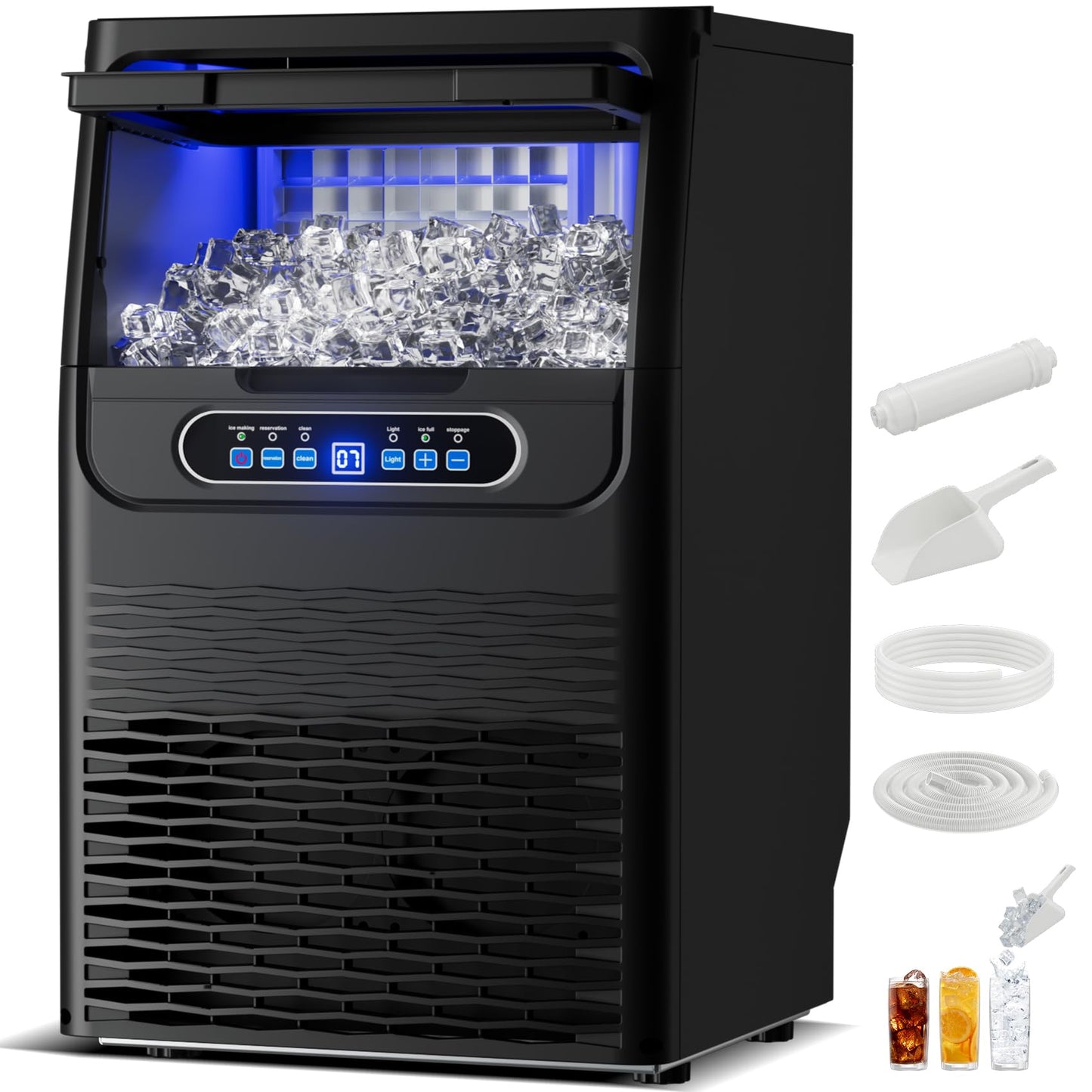 Ice Maker Commercial Ice Machine 70Lbs/Day Freestanding Stainless Steel Upon Counter Ice Maker with Scoop Water Filter Pipes for Restaurant Offices Bars Home(70 Lbs/24)