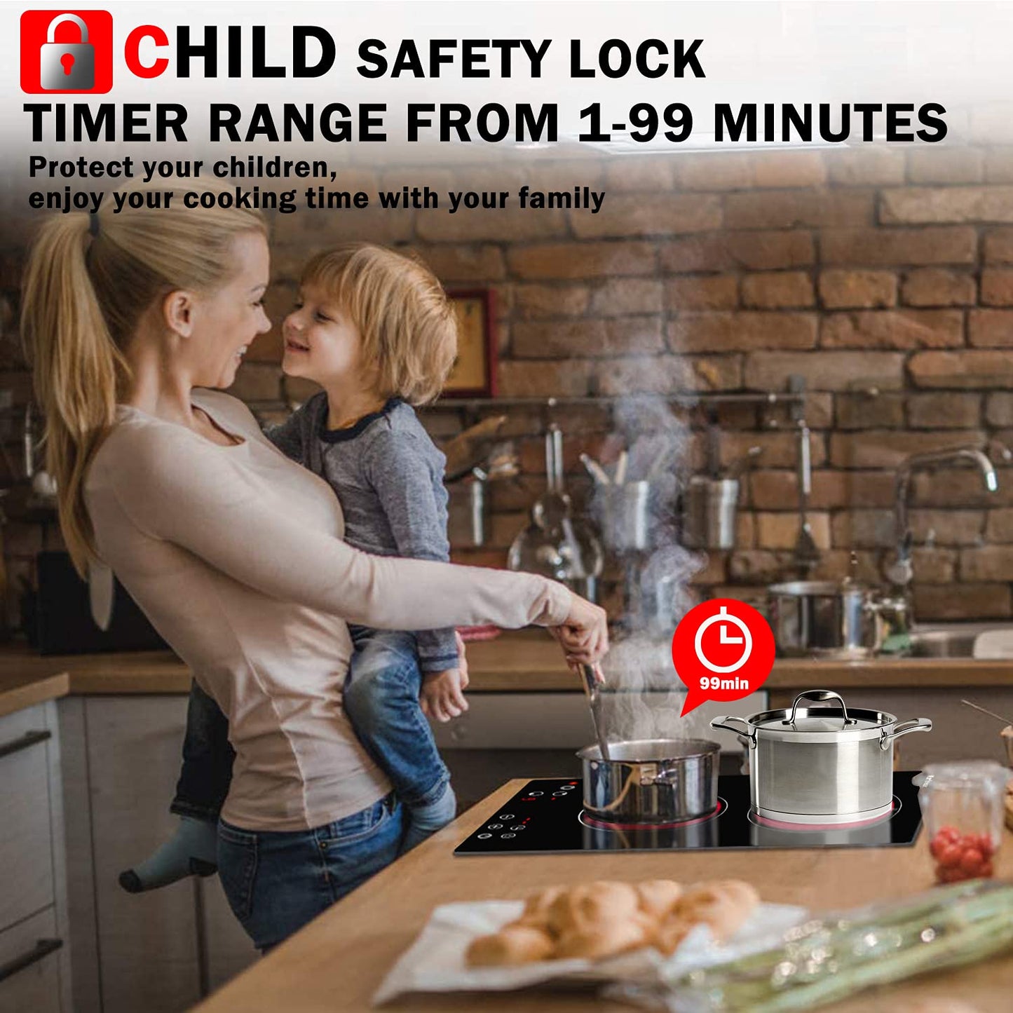 Karinear 2 Burner Electric Cooktop 12 Inch, Drop-in Radiant Cooktop 220v - 240v with Child Safety Lock, Timer, Residual Heat Indicator, 3200W, Hard Wired, No Plug Electric Stove Top