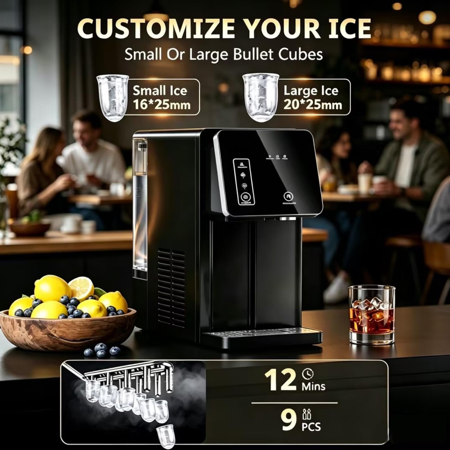 Cowsar 2-in-1 Countertop Ice Maker with Water Dispenser, 9 Ice Cubes Release in 8 Mintues, 26Lbs/24H Dual Sizes of Bullet Ice Machine with 3.3L Removable Water Tank for Home, Kitchen, Office