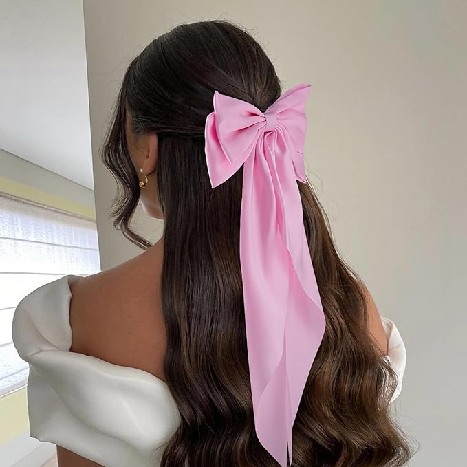 6Pcs Large Bows Hair Clips for Women Girls Long Tail Hair Ribbon Silky Satin Barrettes Coquette Bows Accessories (Black/Pink/White)