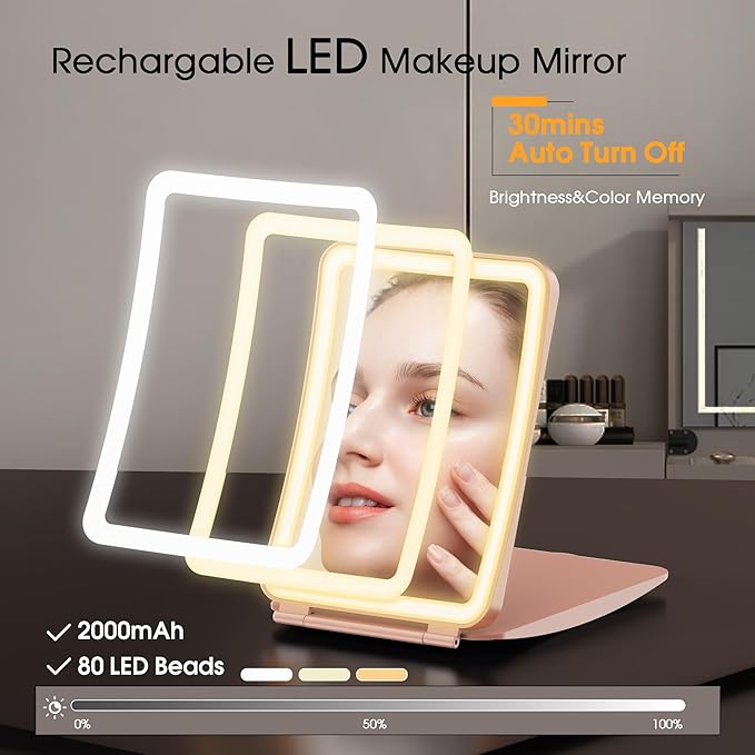 Travel Makeup Mirror with Lights and Magnification, 10X/1X Magnifying Vanity Mirror with 3 Colors & Brightness Adjustable, 2000 mAh Rechargeable Lighted Compact Mirror, Women Gift(Pink)
