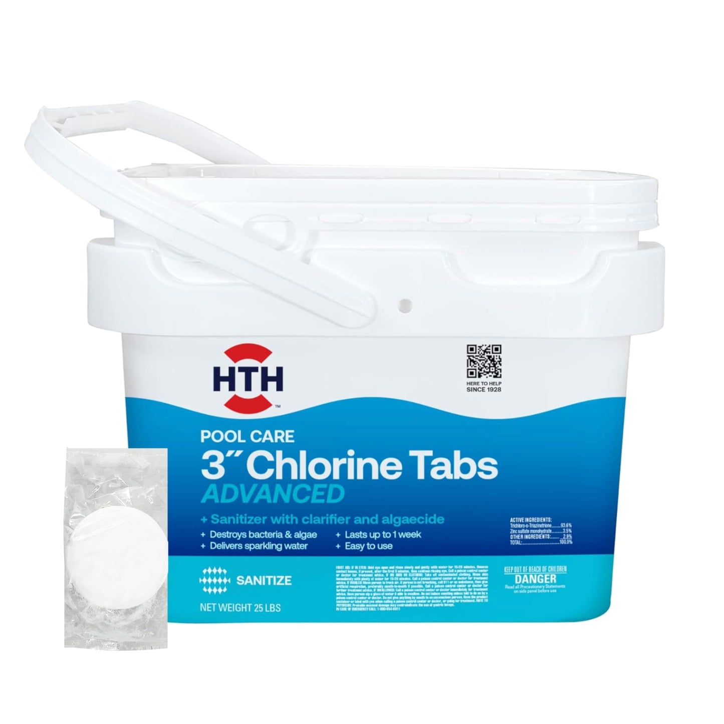 HTH 42055W Pool Care 3" Chlorine Tabs Advanced, Individually Wrapped Tablets - Swimming Pool Sanitizer with Clarifier & Algaecide, Destroys Bacteria & Algae, Delivers Clear Water All Season, 25 lbs
