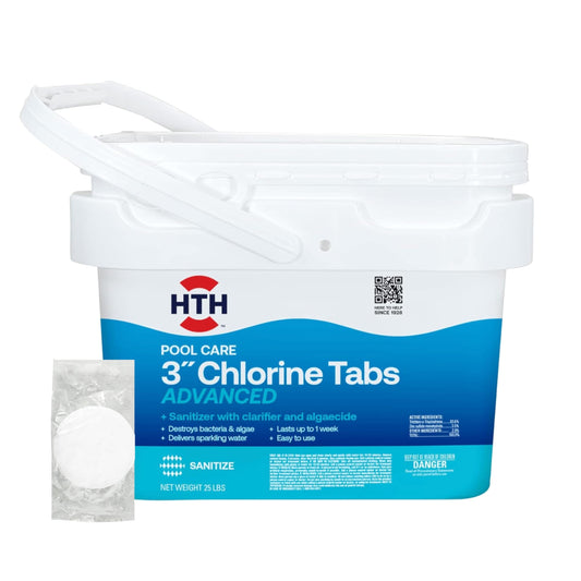 HTH 42055W Pool Care 3" Chlorine Tabs Advanced, Individually Wrapped Tablets - Swimming Pool Sanitizer with Clarifier & Algaecide, Destroys Bacteria & Algae, Delivers Clear Water All Season, 25 lbs
