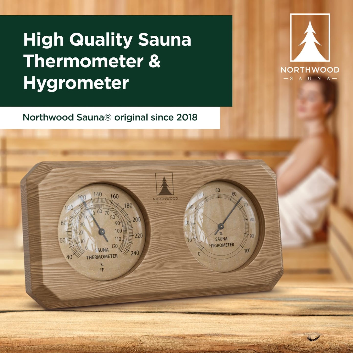 Northwood Sauna - Sauna Thermometer and Hygrometer 2 in 1 - Fahrenheit & Celsius - Handmade from Canadian Red Cedar Wood - Luxurious Golden Metal Dials