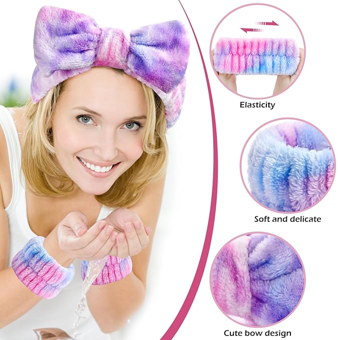 3PCS Spa Headband and Wristbands Set for Women, Soft Microfiber Face Wash Headband with Cute Bow, Elastic Absorbent Wrist Towels, Makeup Skincare Accessories for Facial, Shower, Yoga