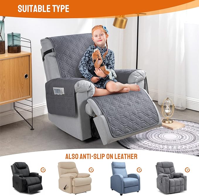 VANSOFY 100% Waterproof Recliner Chair Covers, Recliner Cover Non-Slip Dog Chair Cover Furniture Protector Washable Slipcover with Pocket, Elastic Straps for Pets, Dogs(Dark Gray, 25")