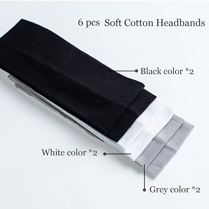 6 Pcs Headbands for Women Hair Cotton Headband Non-slip Stretchy Elastic Head Wrap Holder Hair Accessories Black White Grey Color