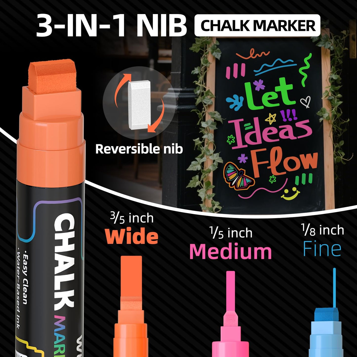 WUO Window Chalk Markers, 8 Colors Jumbo Liquid Chalk Marker with 15mm 3 in 1 Nib, Washable Chalkboard Markers for Blackboard, Car Auto, Bistro, Glass and various DIY arts and crafts.