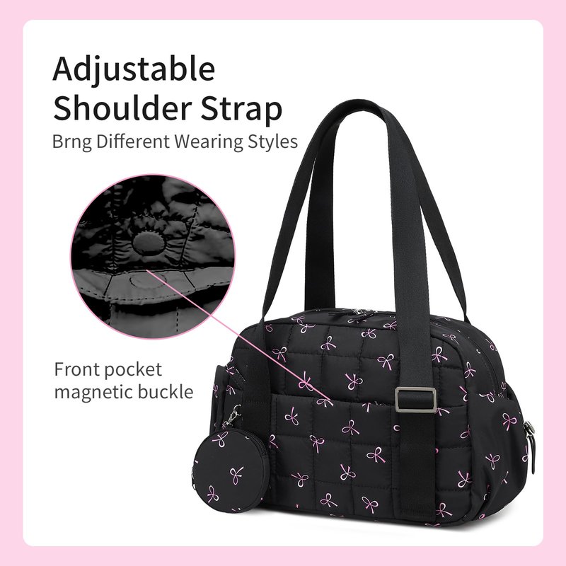 CAMTOP Mini Gym Bag for Women, Small Gym Tote Bag Puffy Quilted Sports Duffel Bag with Wet Compartment and Coin Purse Duffel Bags Dance Yoga Workout Bag for Gifts (Black Pink Bow, Mini-12.6")