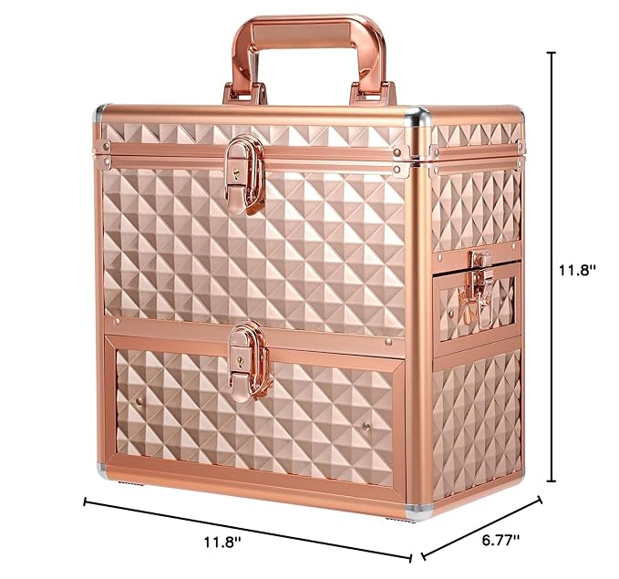 Makeup Train Case Professional Makeup Organizer Case with Drawer Mirror Extra Large Makeup Manicure Accessory with Dividers Travel Cosmetic Case for Cosmetologist Nail Tech Kits Makeup Case Rose Gold