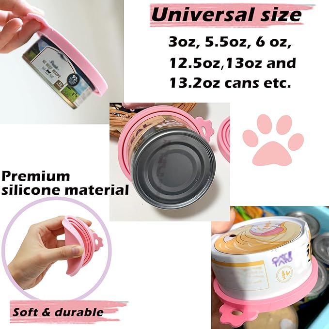 3 Pcs Pet Food Can Lids & One Can Spoon | Cute Paw Shape Opener Spatula Cat Wet Food Spoon | Universal BPA Free Silicone Covers for Dog Cat Cans(Pink)