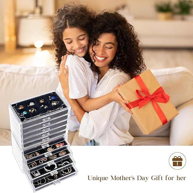 ProCase Earring Holder Organizer Jewelry Box with 10 Drawers, Acrylic Clear Earring Case with Adjustable Velvet Trays for Women - Black,10 Layers