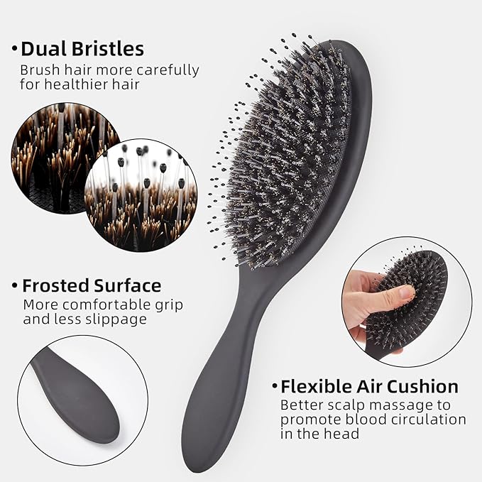 Boar Bristles Hair Brush for Women and Men, Detangling Hair Brush for Smoothing Massage Add Shine, Nylon&Boar Bristles Detangler brush for Hair Healthy (1 Pack-Black)