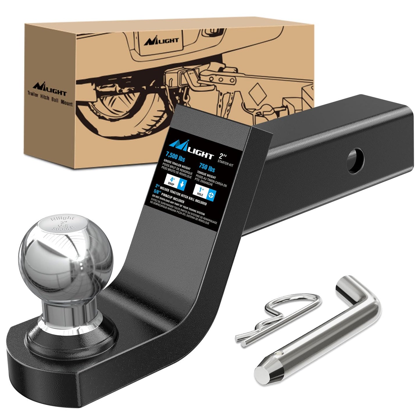 Nilight Fusion Trailer Hitch Mount w/Welded 2 Inch Trailer Ball & Hitch Pin, Fits 2 Inch Receiver, 7500 lbs 4" Drop