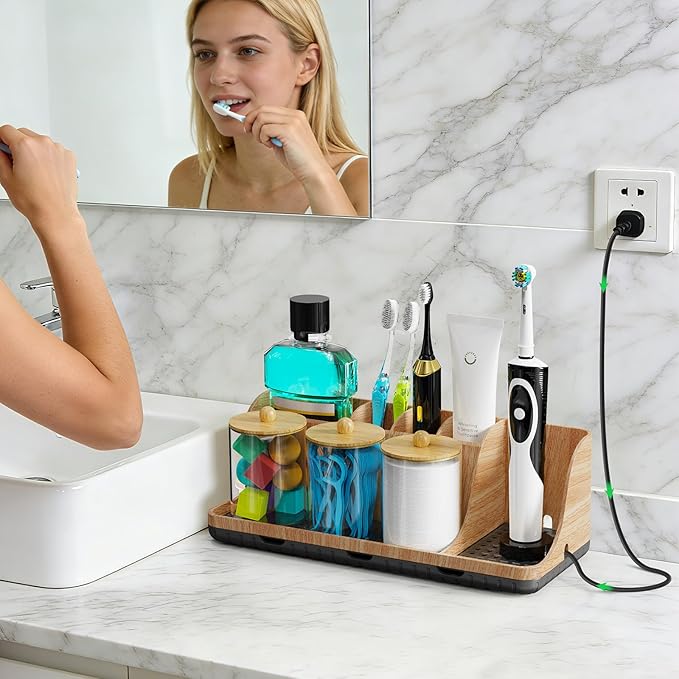 PARKMANI Bathroom Counter Organizer, Bathrooms Toothbrush Holder Set with 3 PCS Qtip Holder, Kids Electric Toothbrush and Toothpaste Holder Organizer Drainage for Bathroom Accessories (Wood Grain)