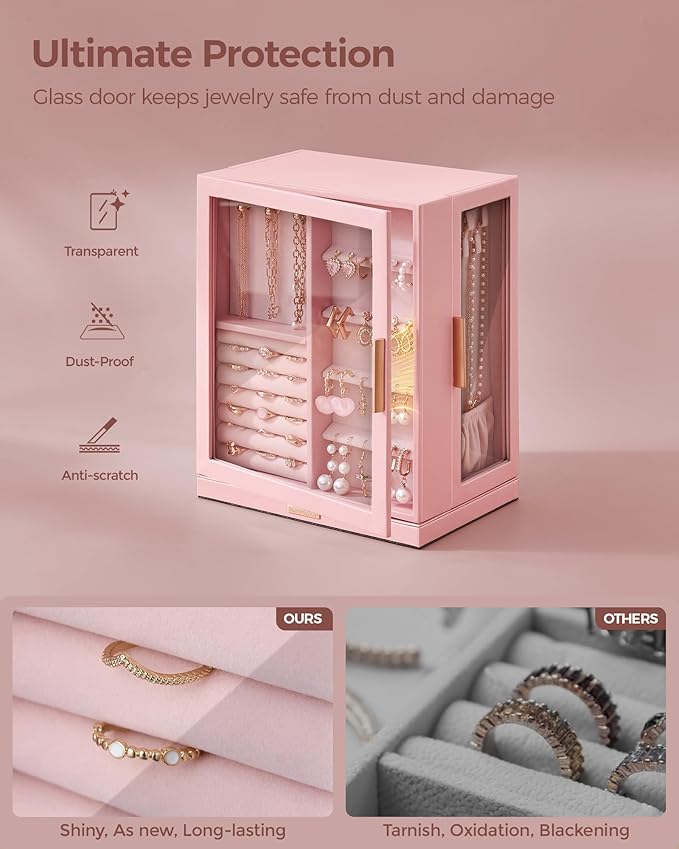 Glimmloop 360ÃÂ° Rotating Jewelry Box with 5 Drawers, Spacious Vertical Jewelry Organizer with Glass Window, Jewelry Storage Case, Dustproof & Moisture-resistant Design, Pink