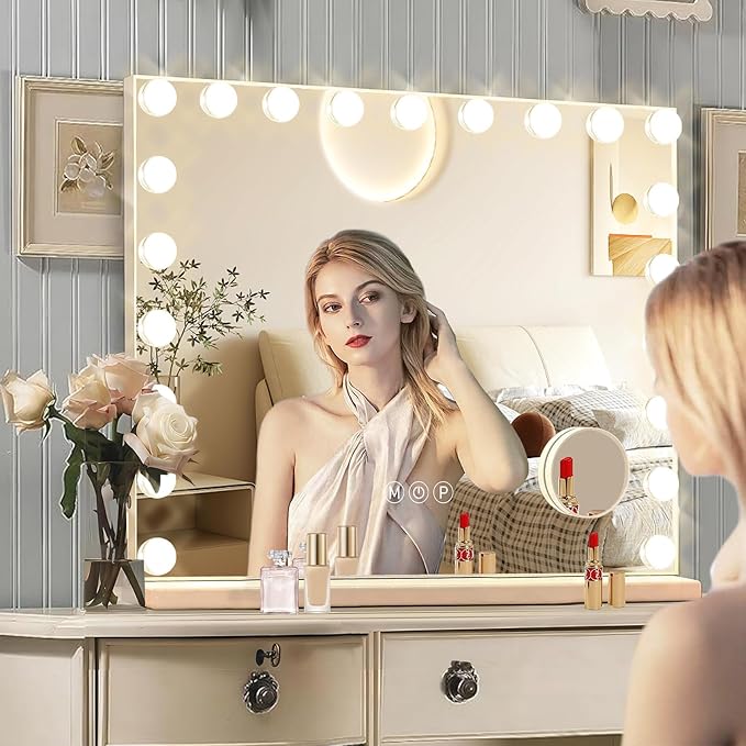Hollywood Vanity Mirror with Lights, 21 Dimmable Bulbs, 3 Color Lights,Make Up Lighted Mirror, Aluminum Metal Frame, USB Charging Port（40" x 30"）
