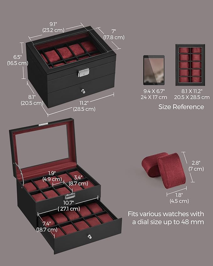 SONGMICS Watch Box, 20-Slot Watch Case Organizer with Large Glass Lid, Removable Pillows, Metal Lock, Gift for Loved Ones, Black Synthetic Leather, Wine Red Lining UJWB020R01