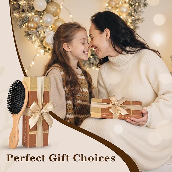 BLACK EGG Boar Bristle Hair Brush for Women Men Kid, Soft Natural Bristles Brush for Thin and Fine Hair, Restore Shine and Texture, Set includes Bamboo comb and 3 hair ties, Valentine’s Day Gift