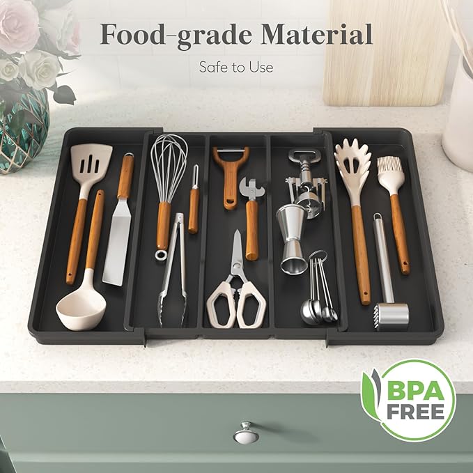 Lifewit Utensil Organizer for Kitchen Drawers, Expandable Cooking Utensil Tray, Adjustable Cutlery Silverware Flatware Holder, Plastic Spatula Tools Storage Divider, Black, 12.9"-22.8" x 16.5"