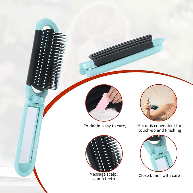Foldable Hair Brush with Mirror, 2 Pcs Portable Travel Hairbrush Anti-static Mini Hair Brush Pocket Size Compact Massage Comb Hairstyling Tools for Women Girls Home Travel Gym Purse (Pink, Blue)