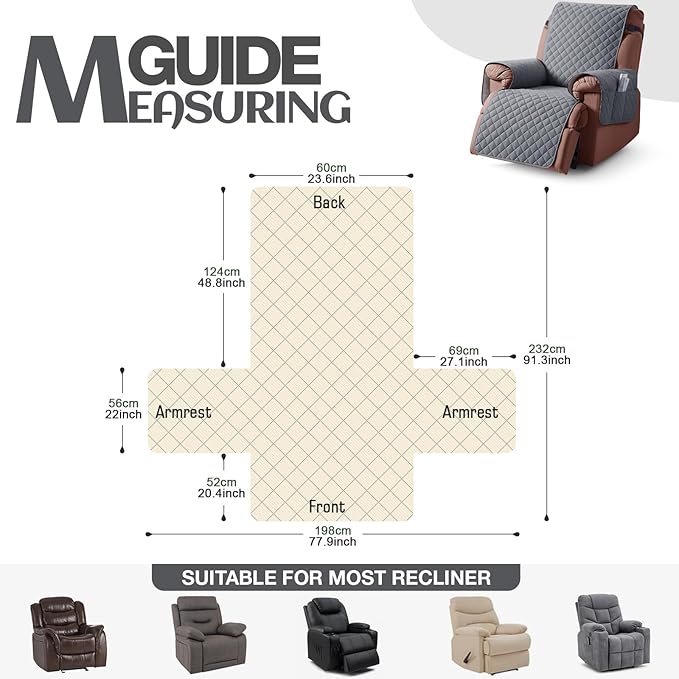 KinCam 100% Waterproof Recliner Chair Cover, Reclining Couch Covers for Pets, Dogs, Recliner Couch Slipcover Furniture Protector with Elastic Straps for Kids(23.6", Dark Gray)