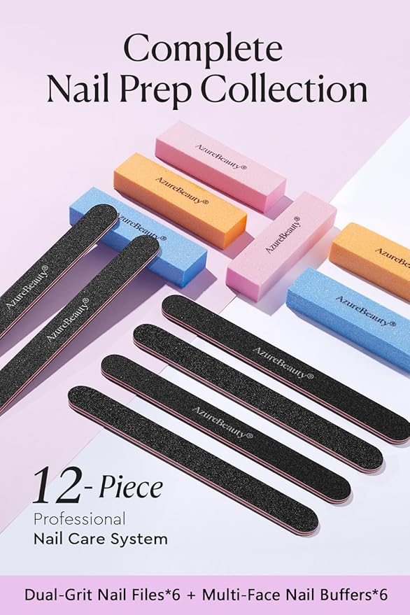AZUREBEAUTY Nail Files and Buffers, Professional Nail Supplies, Nail Files for Natural Nails, Rectangular Nail Buffer Block for Polishing Filing, and Nail Care, 100/180 Grit 12 pcs Manicure Tools Kit