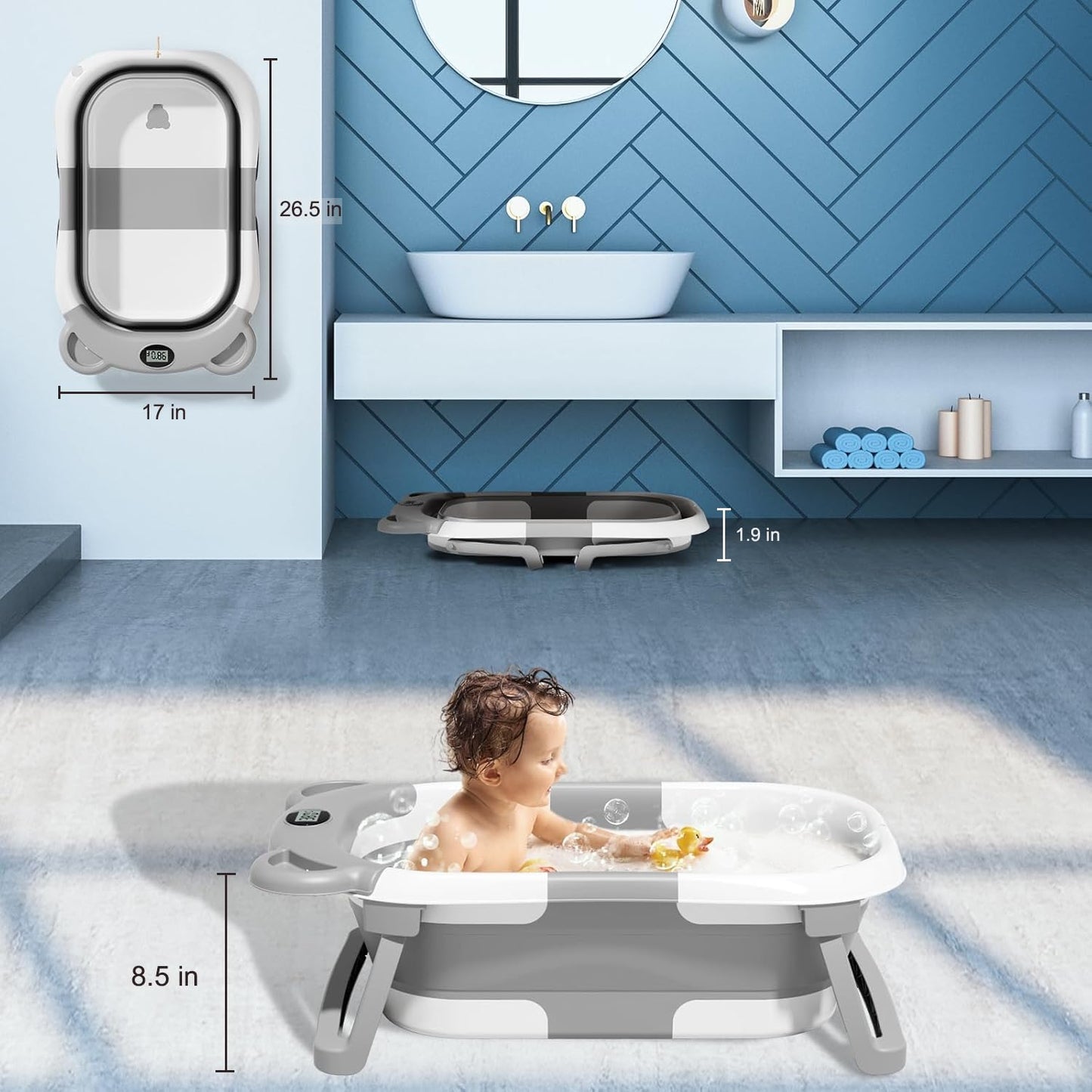 TPN Collapsible Baby Bathtub, Baby Bath Tub with Soft Cushion & Real-Time Thermometer, Baby Bathtub Infant to Toddler Tub (0-36 Months), Portable Newborn Travel Bath tub