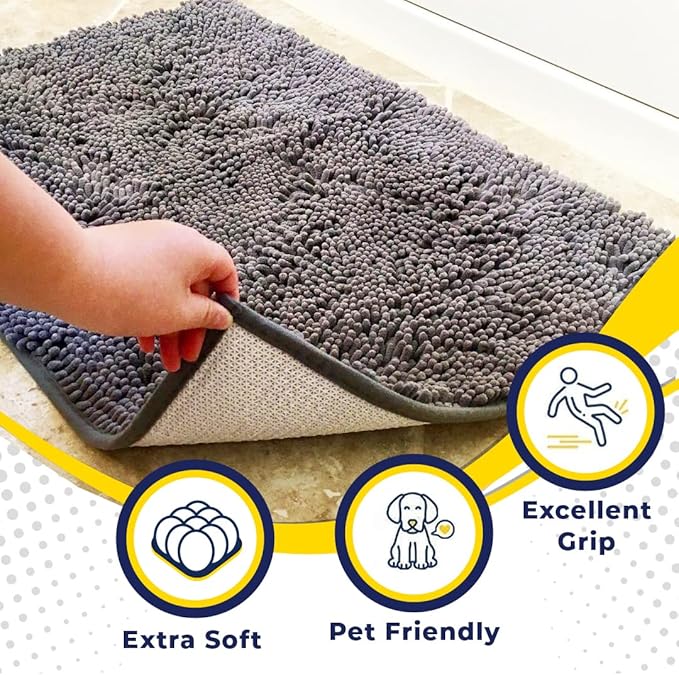 Muddy Mat® | Super Absorbent Door Mat Indoor, Microfiber Quick Dry Chenille Entryway Rug, Non-Slip Front Door Mat, Indoor Mats for Entryway, Machine Washable Pet Rug, Grey 30"x19"