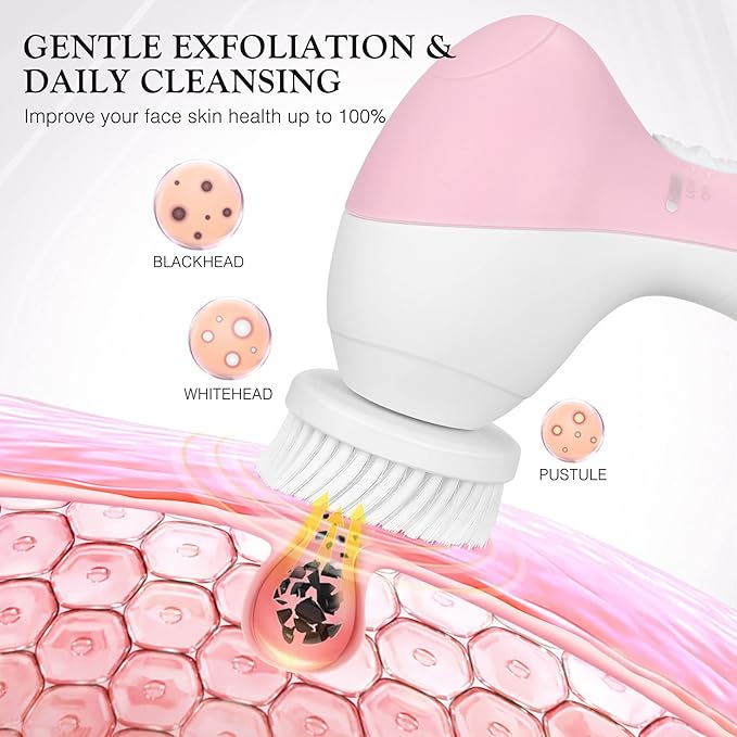 COSLUS Facial Cleansing Brush Silicone Face Scrubber: 7 in 1 FBS-D Electric Exfoliating Rotating Massage Device Waterproof Deep Cleaning Exfoliation Spa Machine - Electronic Skin Care Wash System