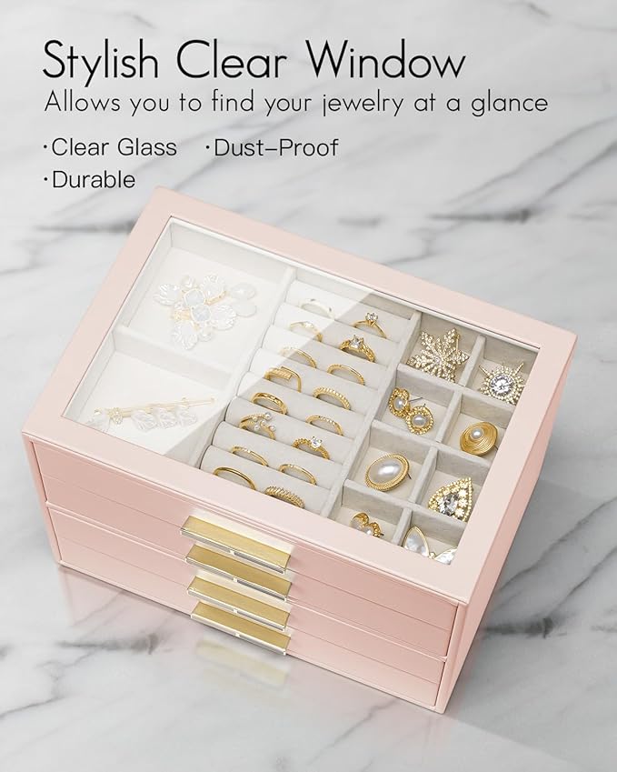 VLANDO 4 Layer Jewelry Box for Women, Glass Lid Jewelry Organizer with 4 Drawers for Necklaces Rings Earrings Bracelets - Dark Pink